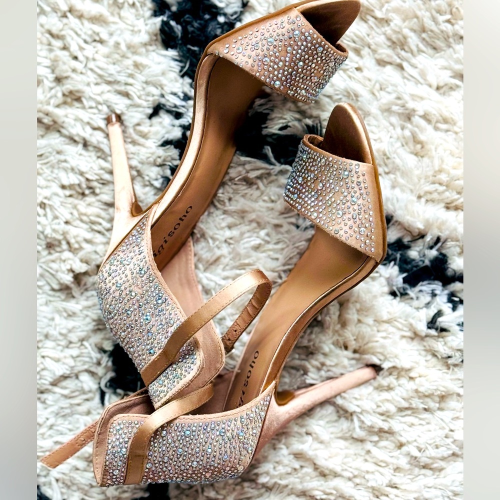 *SOLD*Women's Champagne Rhinestone Peep Toe High HeelsBling Embellished Size 8.6